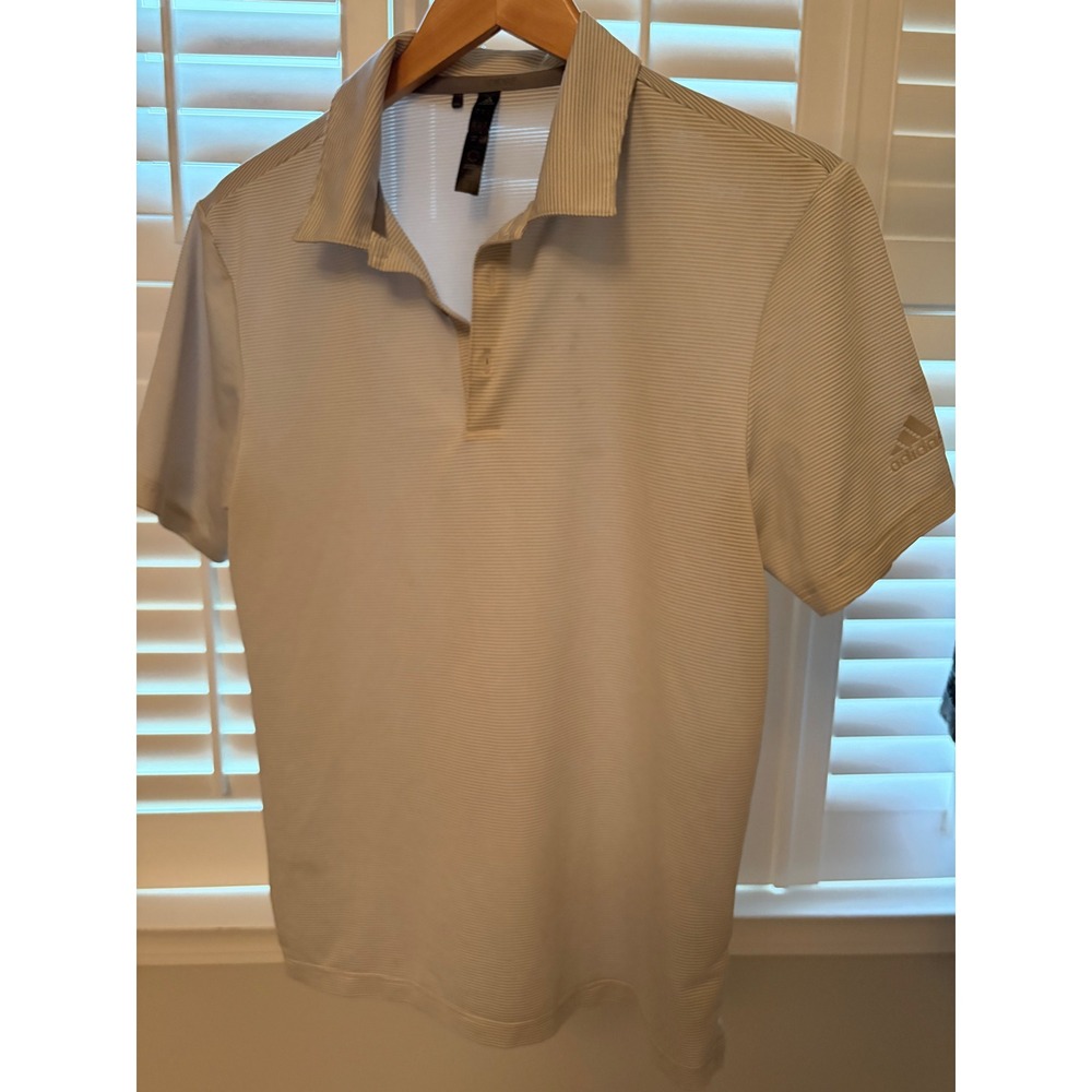 Adidas Mens Striped Performance Polo Shirt Grey White Short Sleeve Size Small